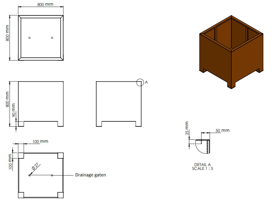 Plantenbak cortenstaal op poten 80x80x80cm-0