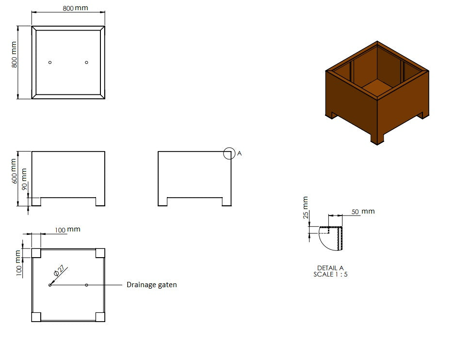Plantenbak cortenstaal op poten 80x80x60cm-0