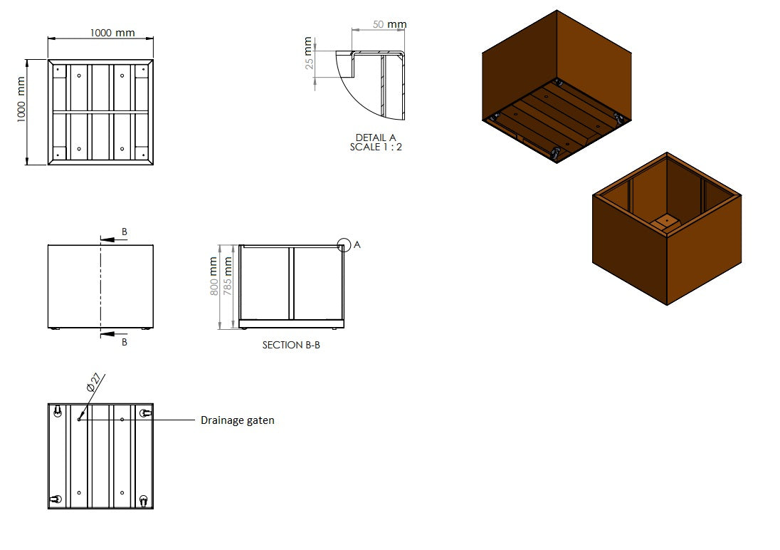 Plantenbak cortenstaal met wielen 100x100x80cm-0