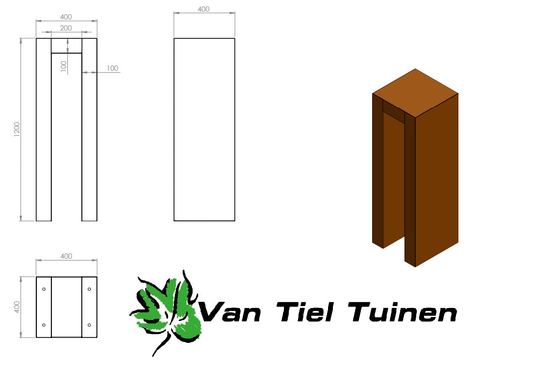 afmeting U Sokkel Cortenstaal 40x40x120cm LXBXH