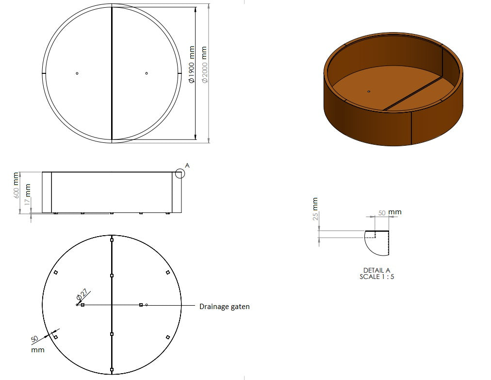 Ronde plantenbak cortenstaal 200x60cm.-0