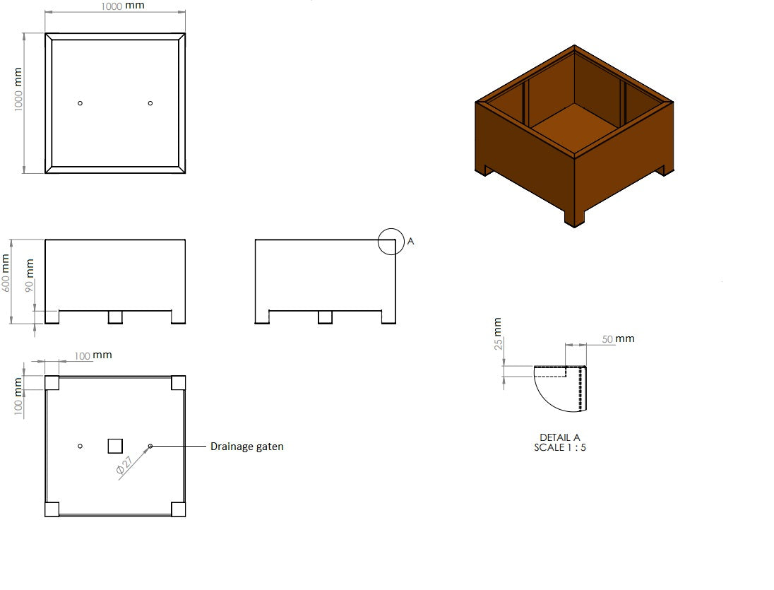 Plantenbak cortenstaal op poten 100x100x60cm-0