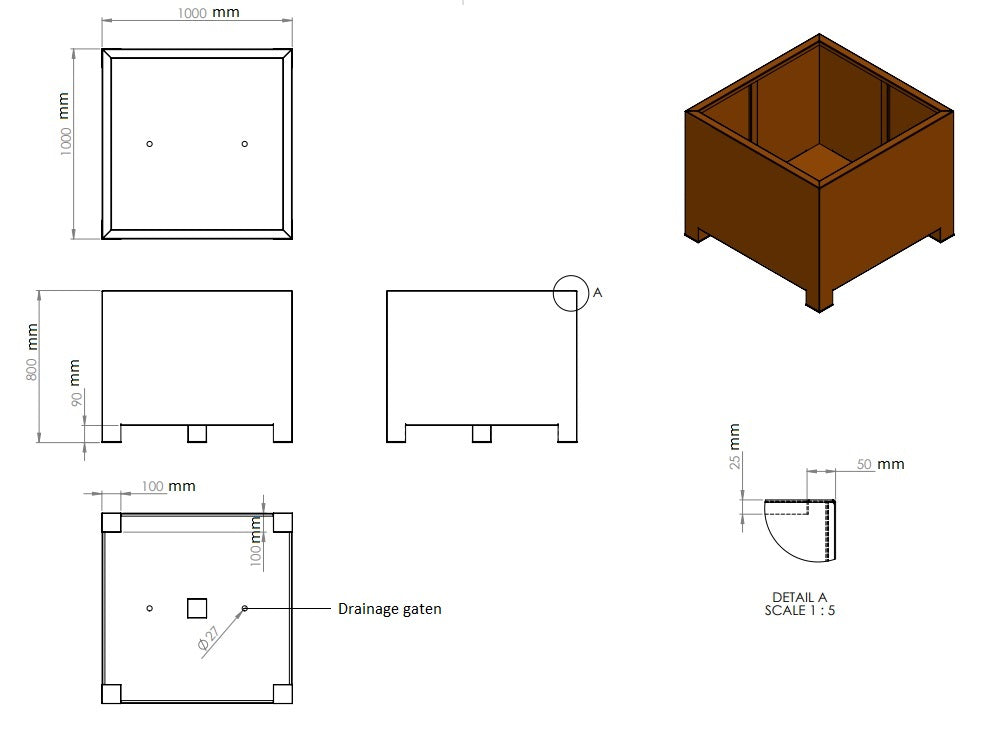 Plantenbak cortenstaal op poten 100x100x80cm-0