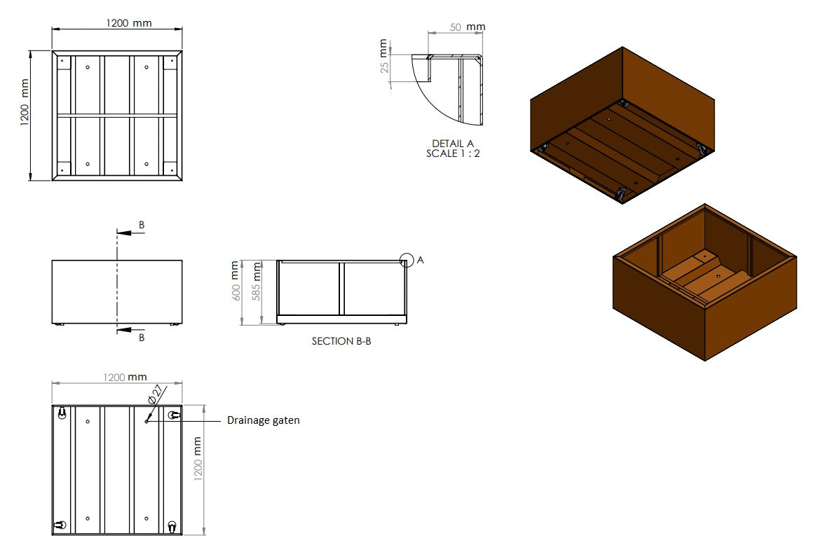 Plantenbak cortenstaal met wielen 120x120x60cm-0