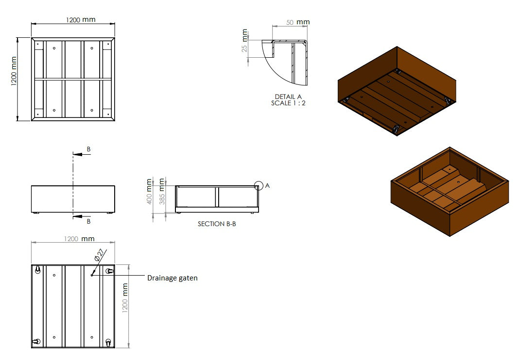 Plantenbak cortenstaal met wielen 120x120x40cm-1