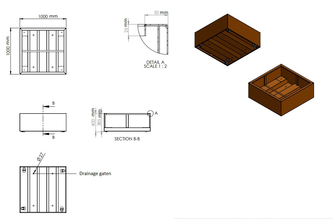 Plantenbak cortenstaal met wielen 100x100x40cm-0