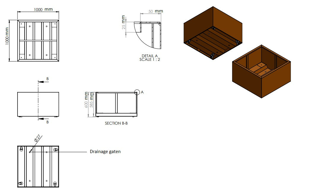 Plantenbak cortenstaal met wielen 100x100x60cm-0