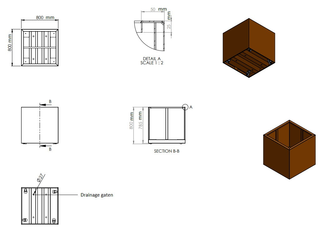 Plantenbak cortenstaal met wielen 80x80x80cm-0