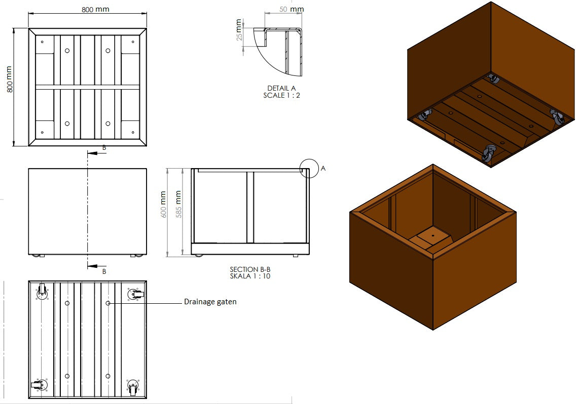 Plantenbak cortenstaal met wielen 80x80x60cm-0