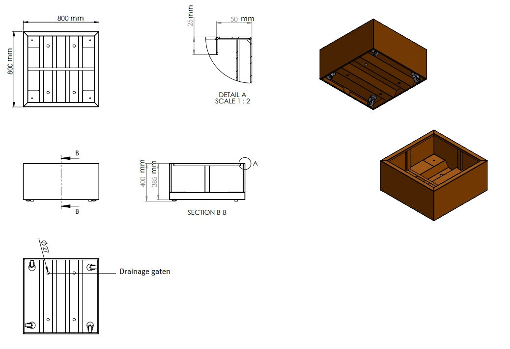 Plantenbak cortenstaal met wielen 80x80x40cm-0