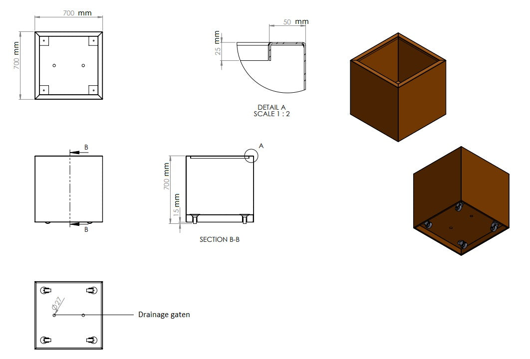 Plantenbak cortenstaal met wielen 70x70x70cm-0