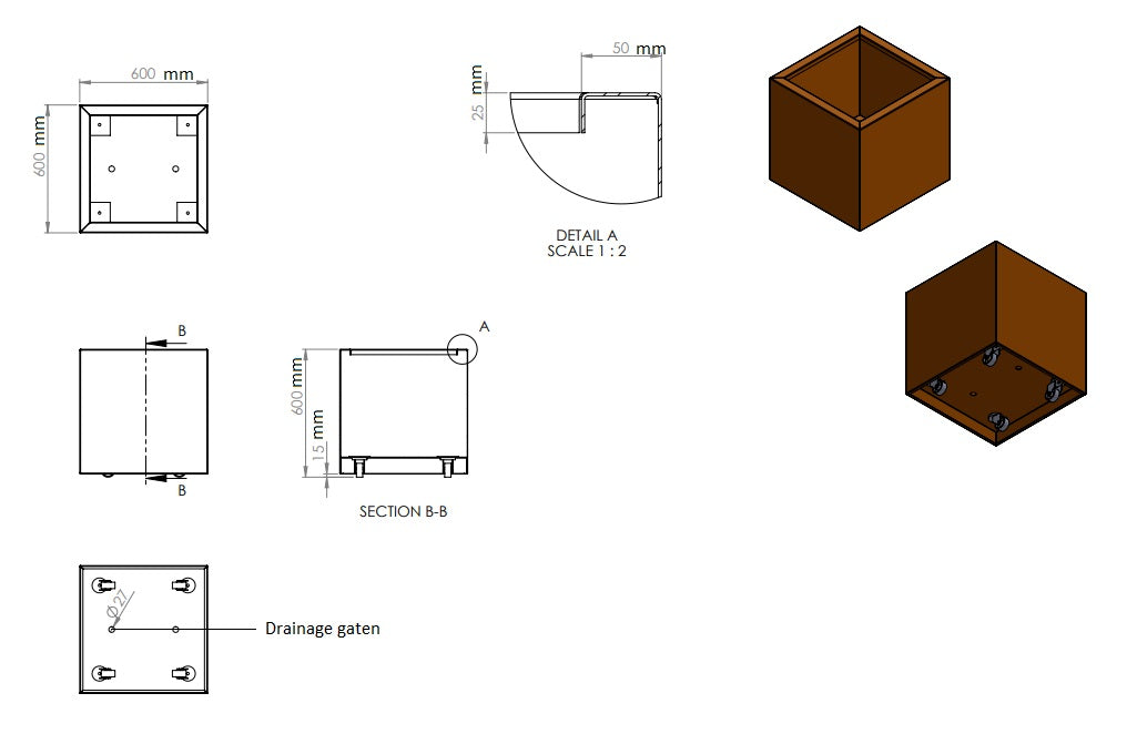 Plantenbak cortenstaal met wielen 60x60x60cm-0