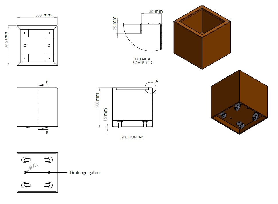 Plantenbak cortenstaal met wielen 50x50x50cm-0