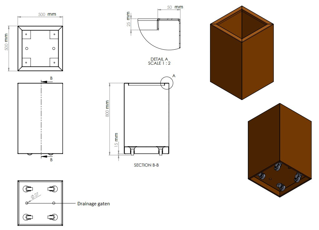 Plantenbak cortenstaal met wielen 50x50x80cm-0