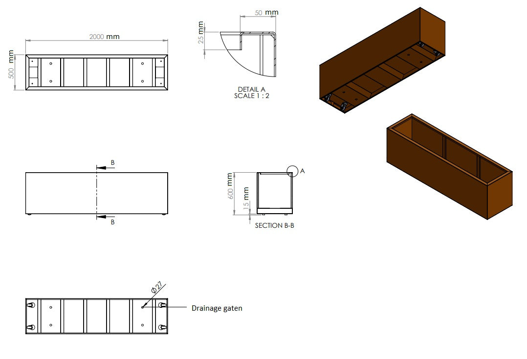 Plantenbak cortenstaal met wielen 200x50x60cm-0