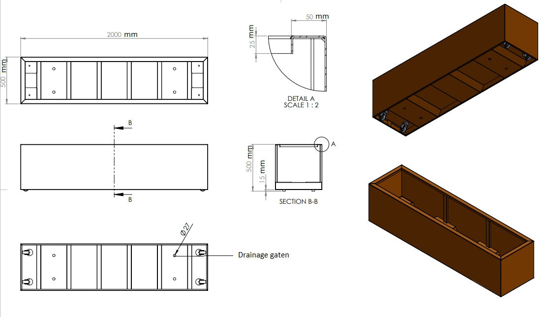 Plantenbak cortenstaal met wielen 200x50x50cm-0