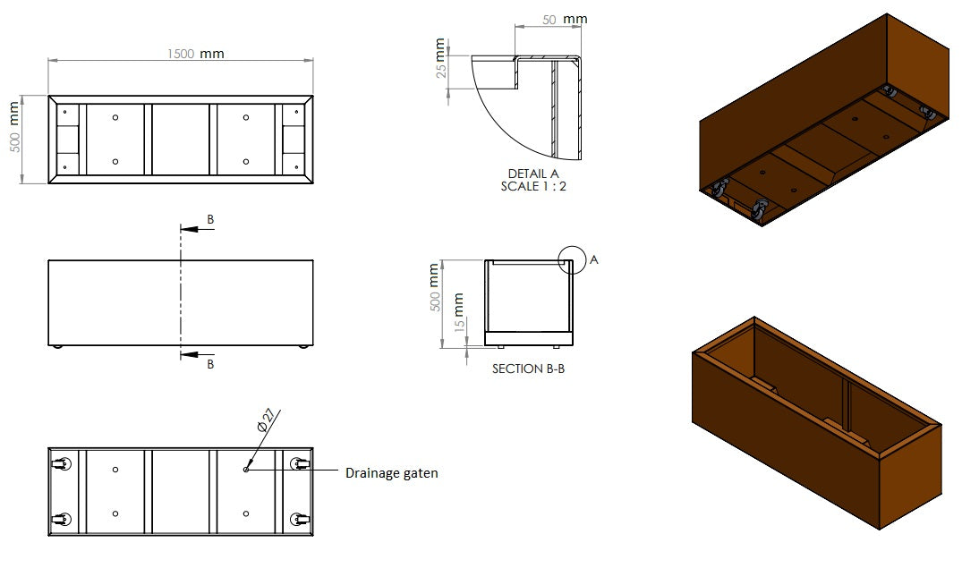 Plantenbak cortenstaal met wielen 150x50x50cm-0