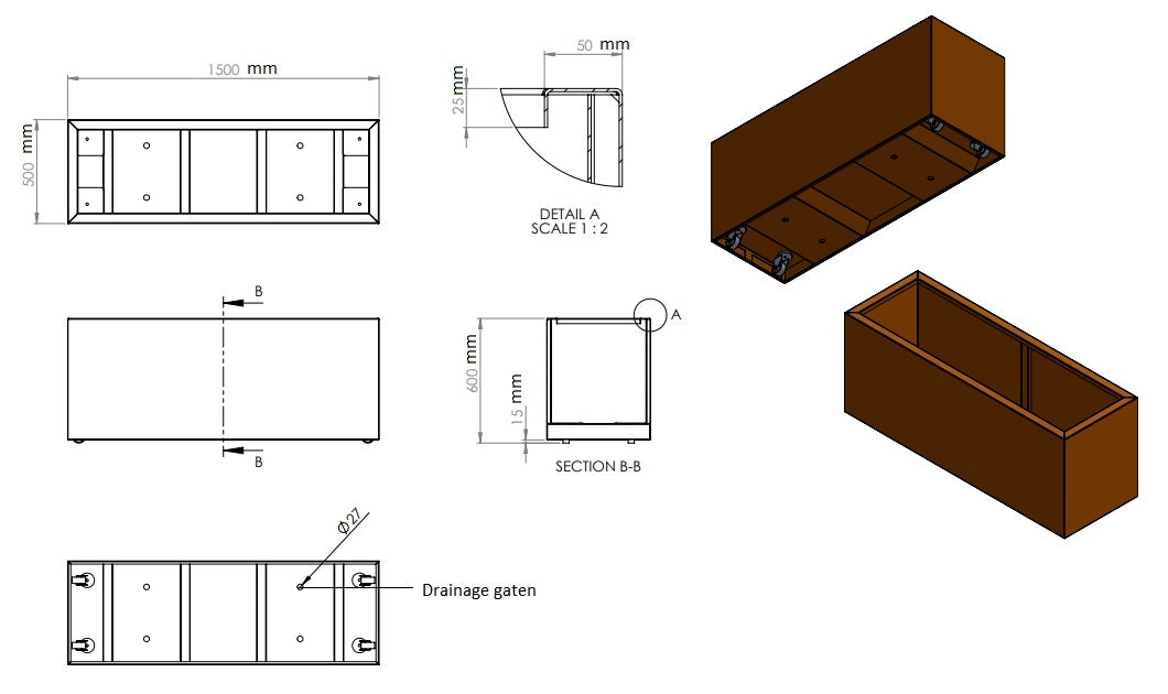 Plantenbak cortenstaal met wielen 150x50x60cm-0