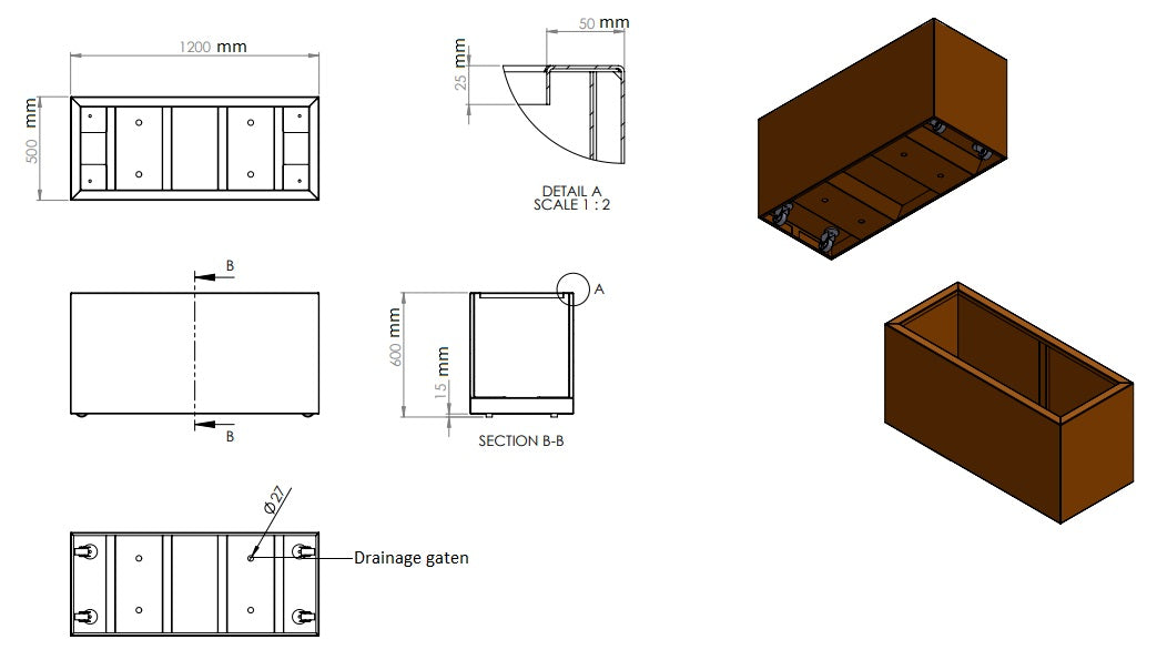 Plantenbak cortenstaal met wielen 120x50x60cm-0