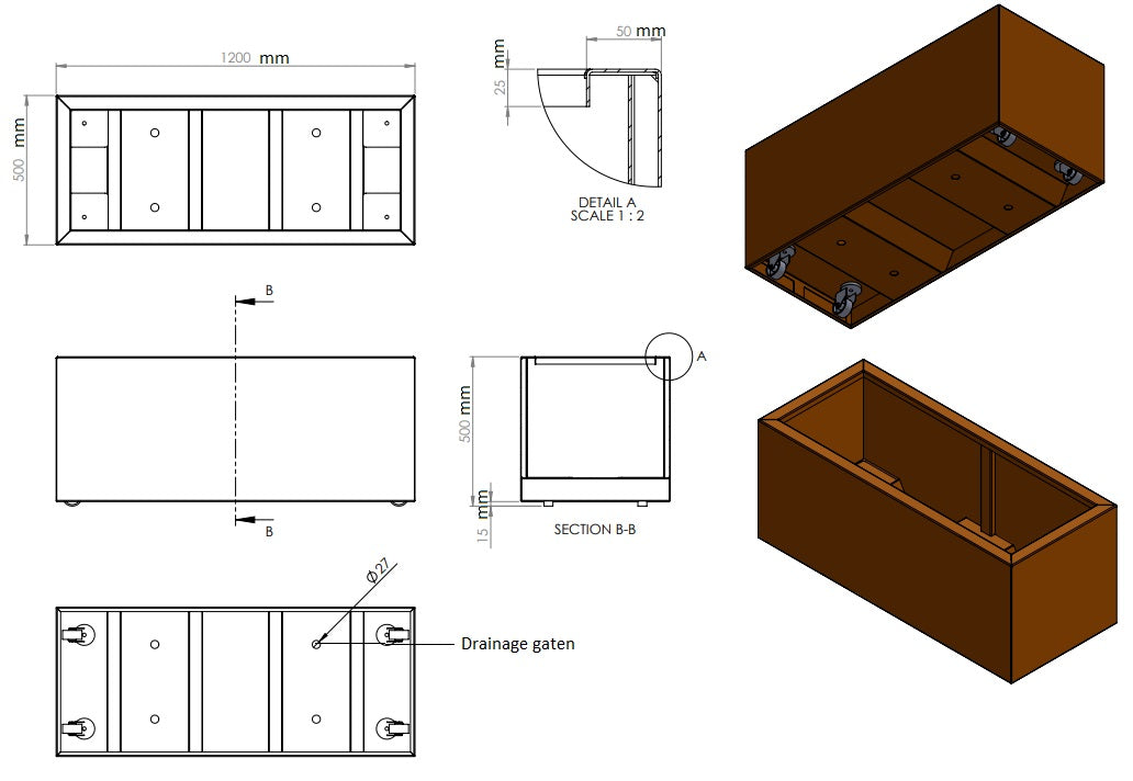 Plantenbak cortenstaal met wielen 120x50x50cm-0