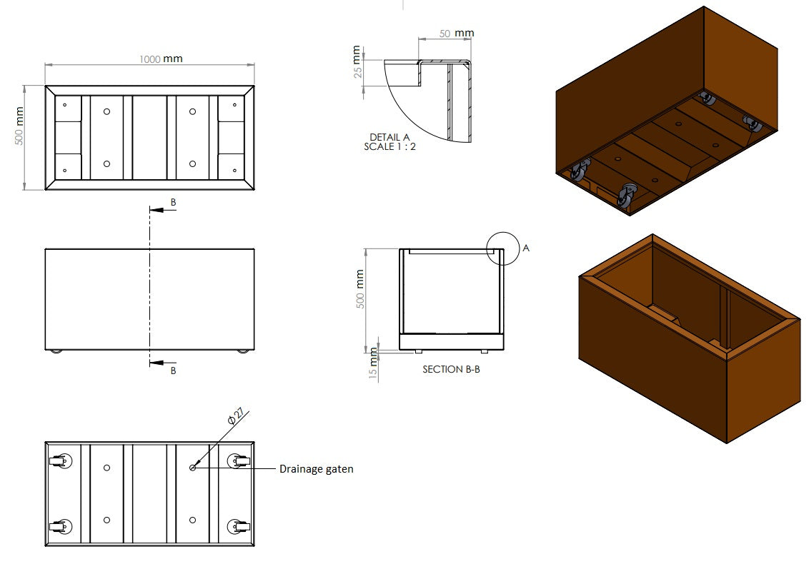 Plantenbak cortenstaal met wielen 100x50x50cm-0