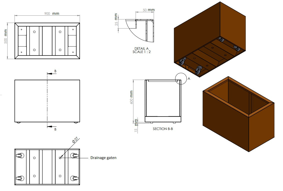 Plantenbak cortenstaal met wielen 90x50x60cm-0