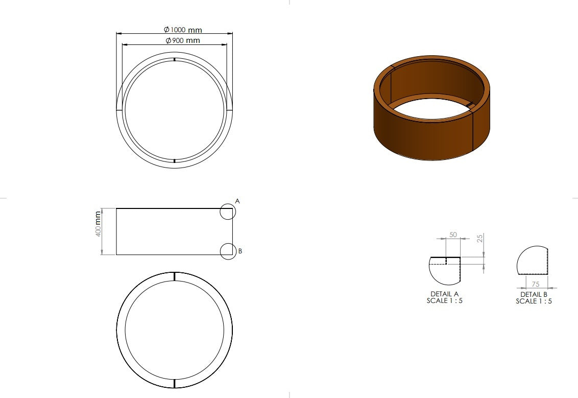 Ronde plantenbak cortenstaal 100x40cm zonder bodem