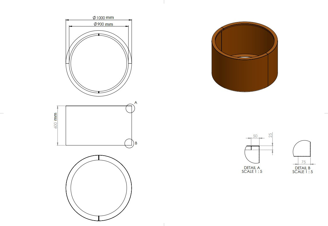 Ronde plantenbak cortenstaal 100x60cm zonder bodem