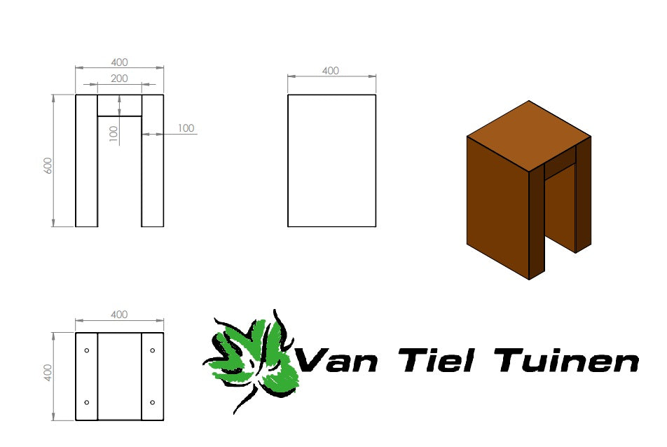 afmetingen U Sokkel Cortenstaal 40x40x60cm LXBXH