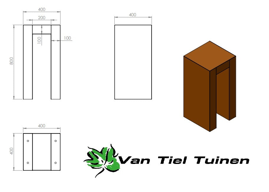 afmetingen U Sokkel Cortenstaal 40x40x80cm LXBXH