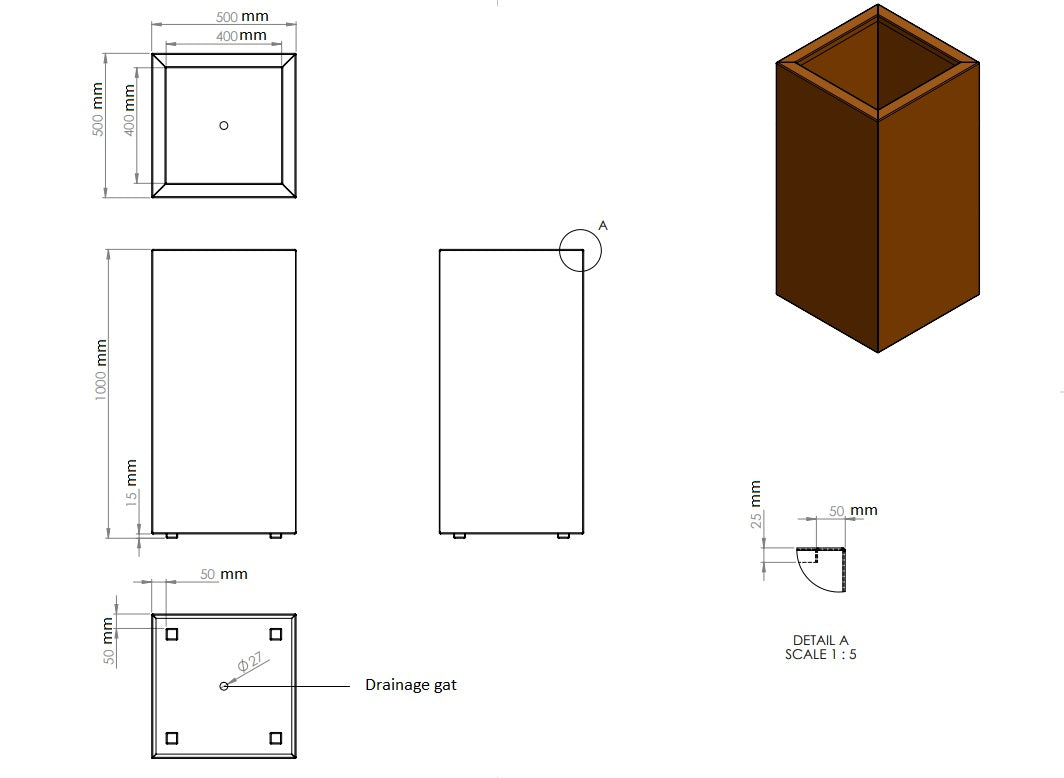 Plantenbak cortenstaal 50x50x100cm-0