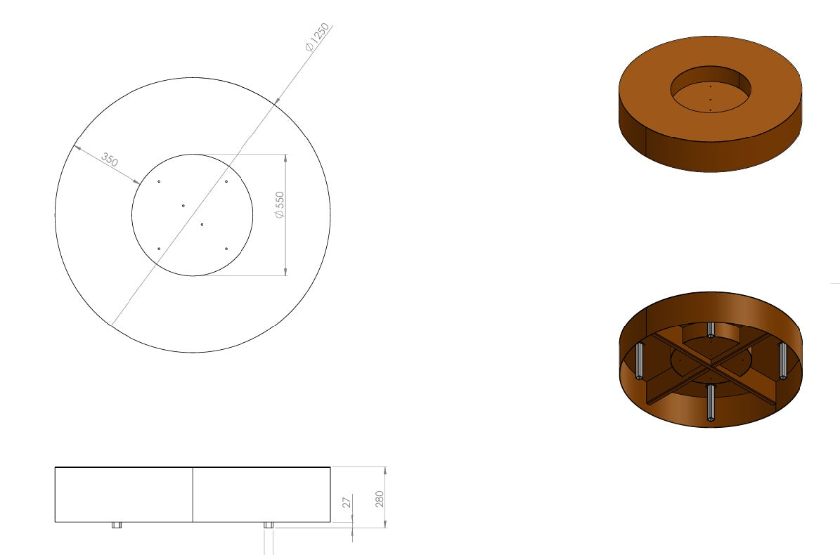 Ronde Vuurtafel QUAD 125x28cm.