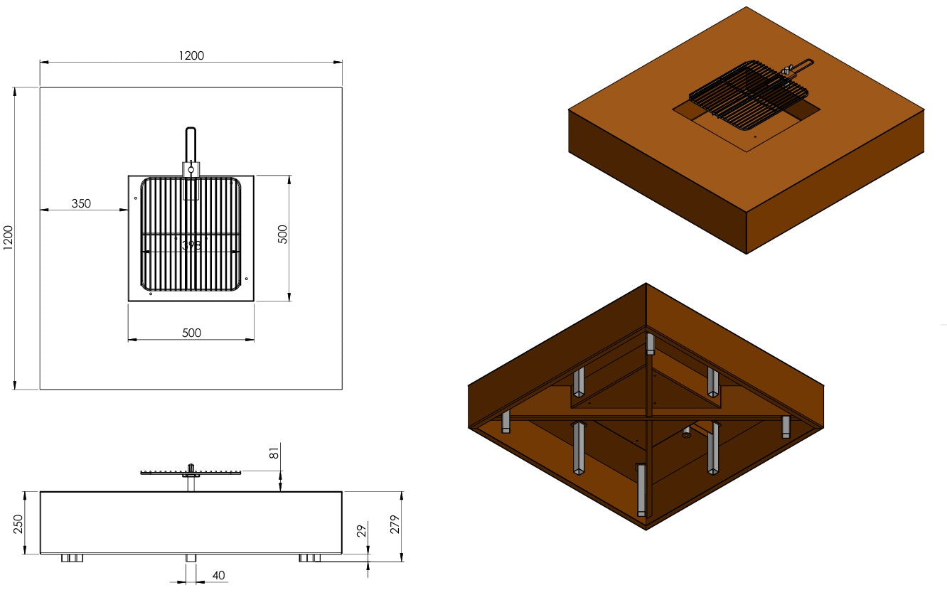 Vuurtafel met grill QUAD 120x120x28cm.